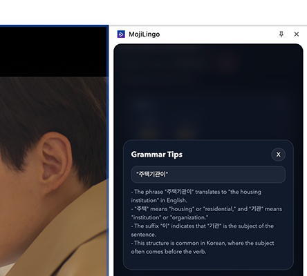 Live caption stream with emoji cues in the MojiLingo side panel